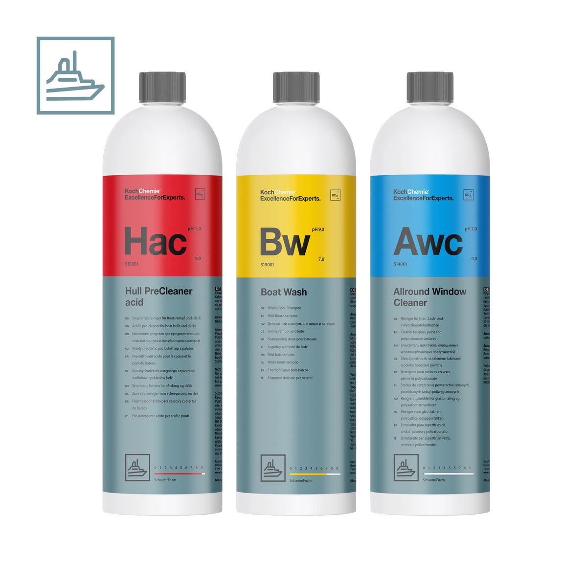 Kit prodotti Koch-Chemie Hull PreCleaner acid, Boat Wash e Allround Window Cleaner per lavaggio e cura completa delle imbarcazioni