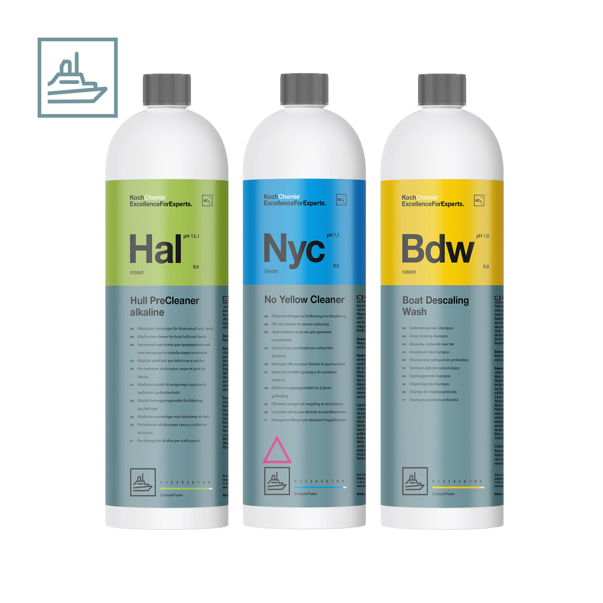 Kit Koch-Chemie con Hull PreCleaner alkaline, No Yellow Cleaner e Boat Descaling Wash per pulizia barca pre-rimessaggio invernale