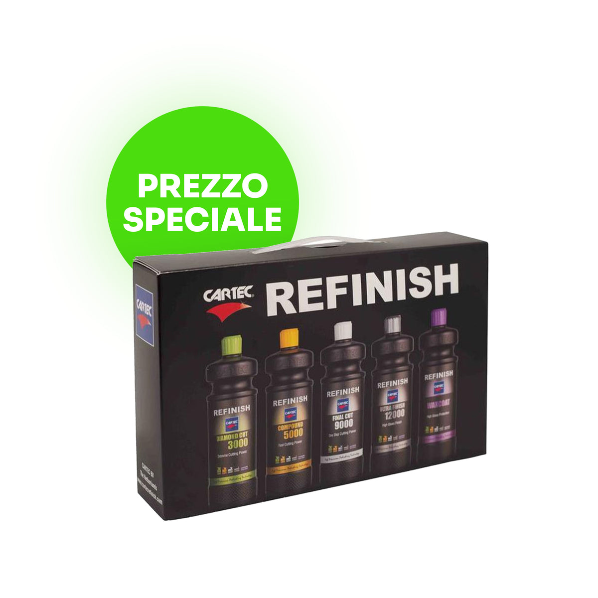 Kit promozionale CARTEC Refinish Line per lucidatura e protezione auto, completo di prodotti professionali per risultati eccellenti.