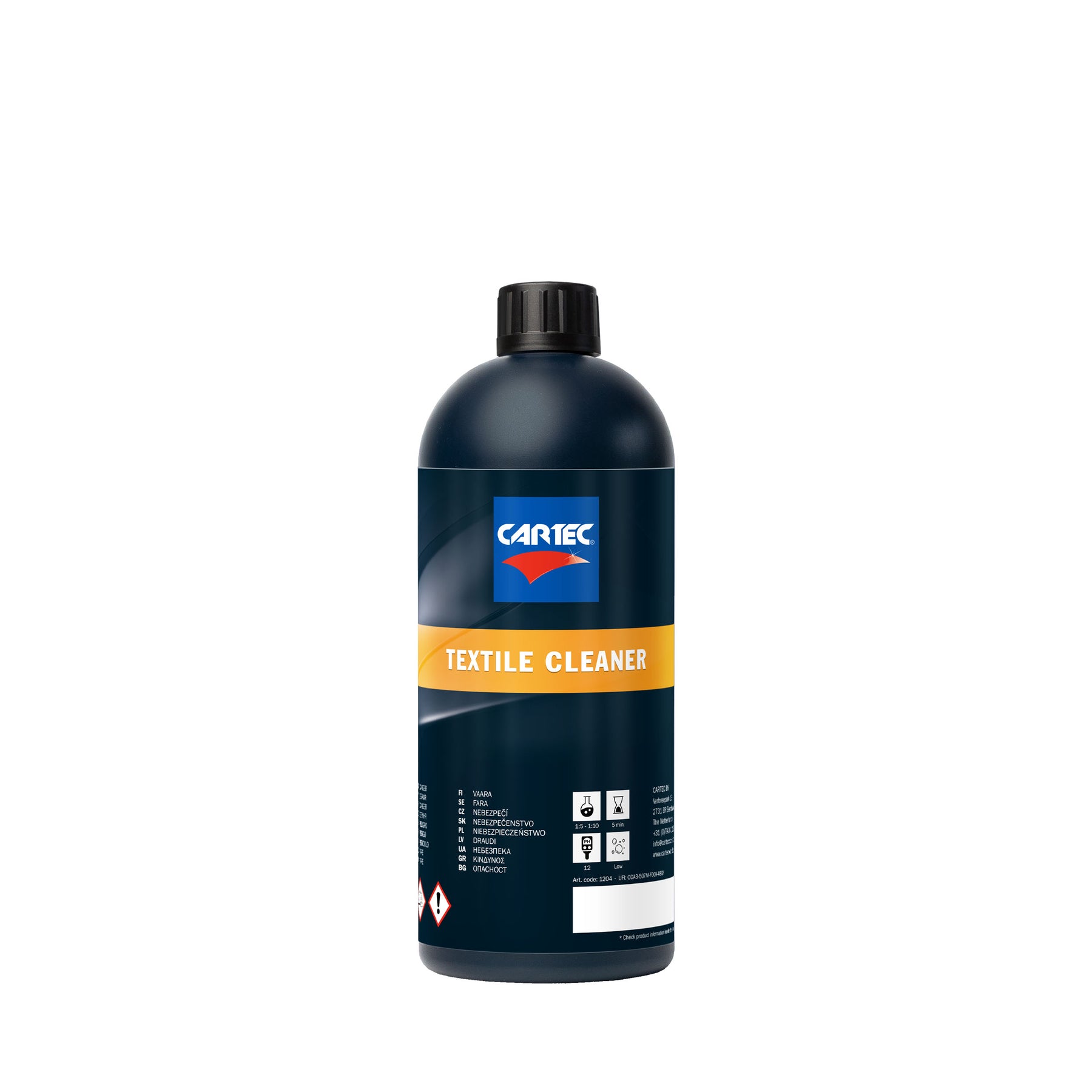 Bottiglia di CARTEC Textile Cleaner per la pulizia dei tessuti dell'auto, con etichetta arancione e tappo nero.