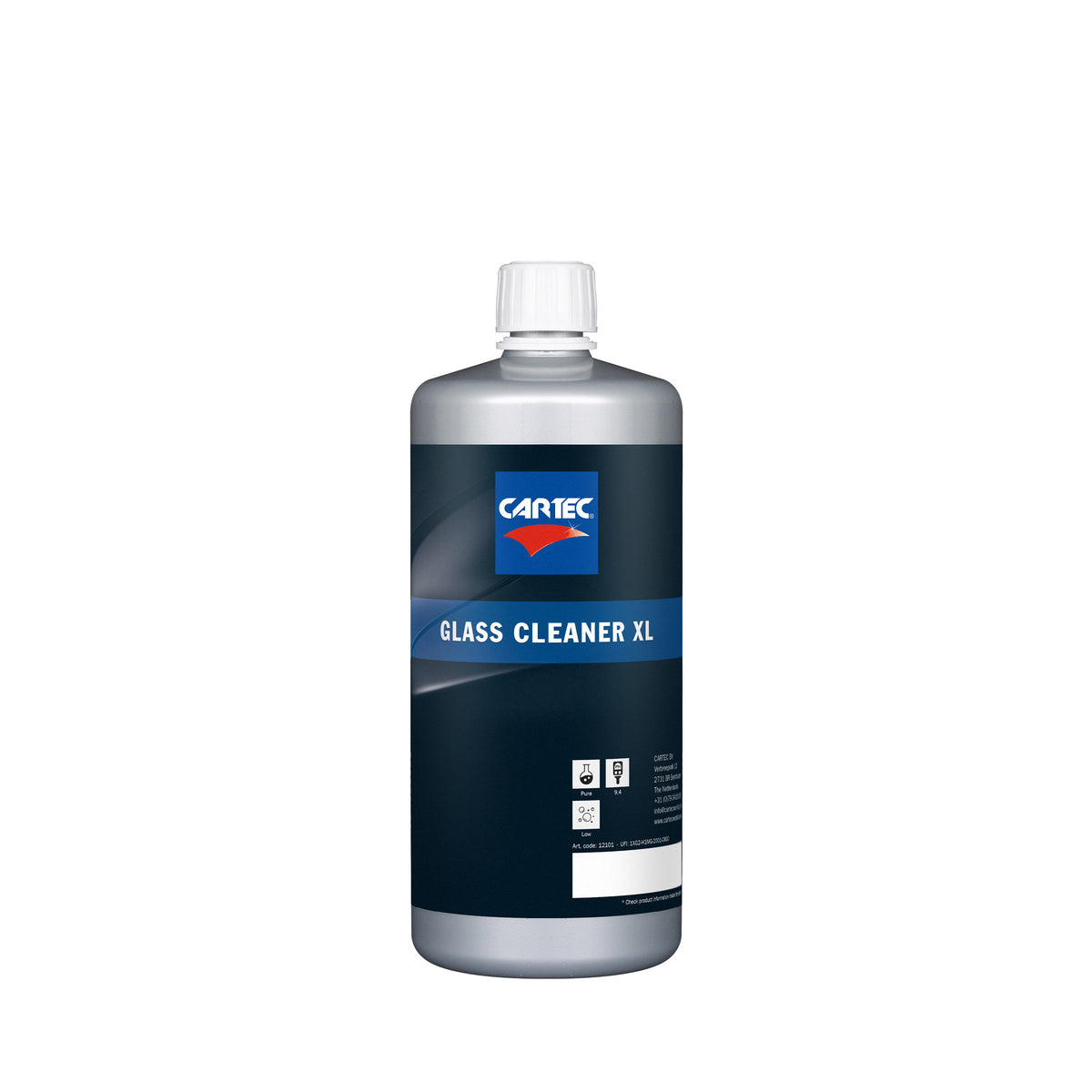 Bottiglia di detergente per vetri CARTEC Glass Cleaner XL con liquido blu e tappo blu.