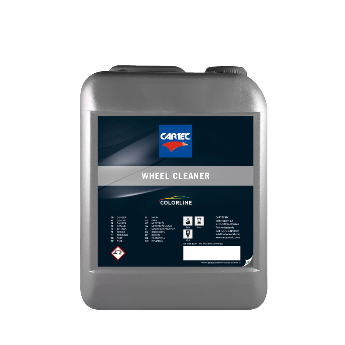 Tanica di CARTEC Wheel Cleaner Acid Free per la pulizia sicura ed efficace dei cerchi auto.