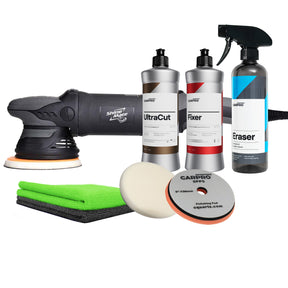 Kit lucidatura auto con lucidatrice rotorbitale, tamponi, prodotti UltraCut, Fixer, Eraser e panni in microfibra.