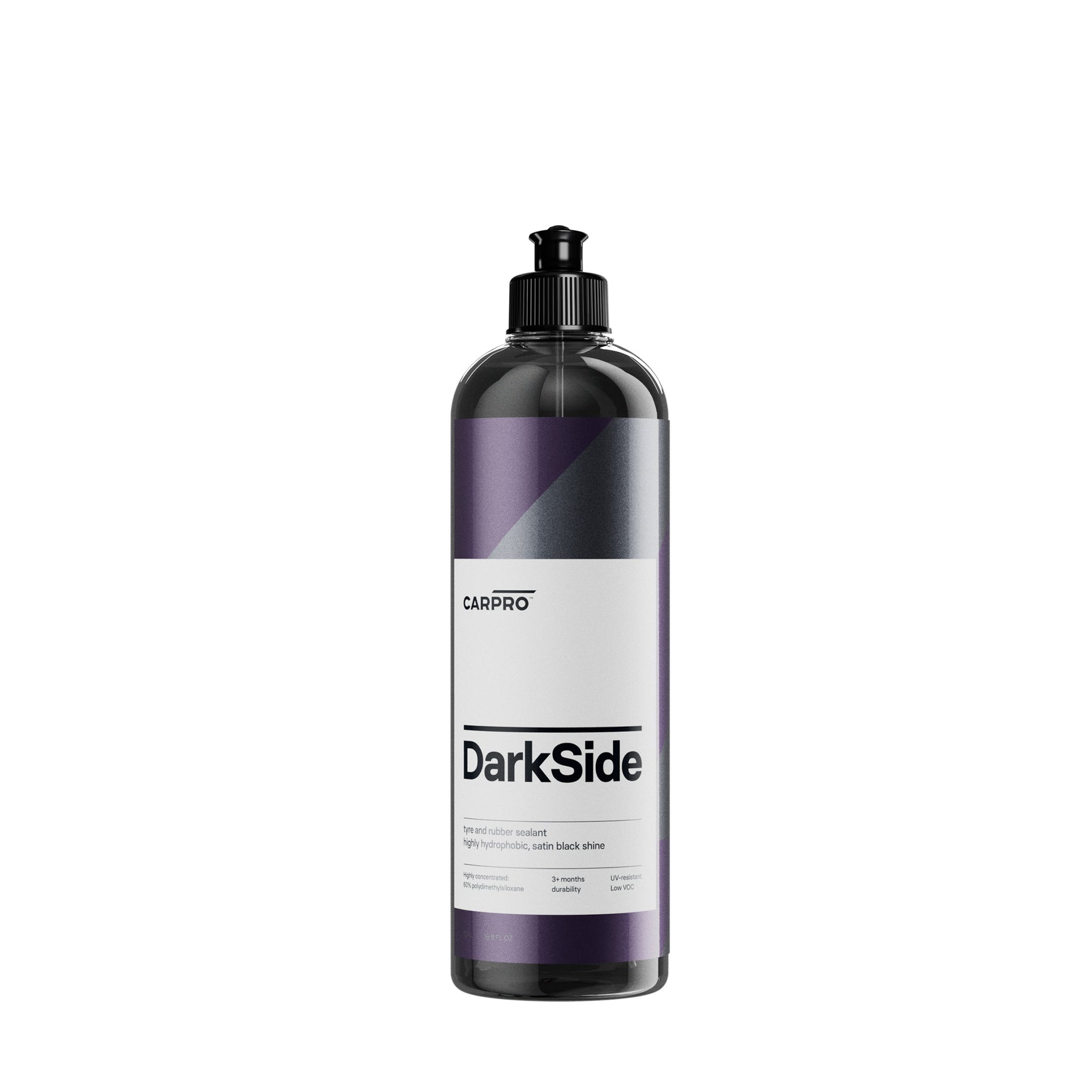 Flacone di CARPRO DarkSide su sfondo bianco, sigillante per pneumatici che offre protezione duratura e effetto bagnato.