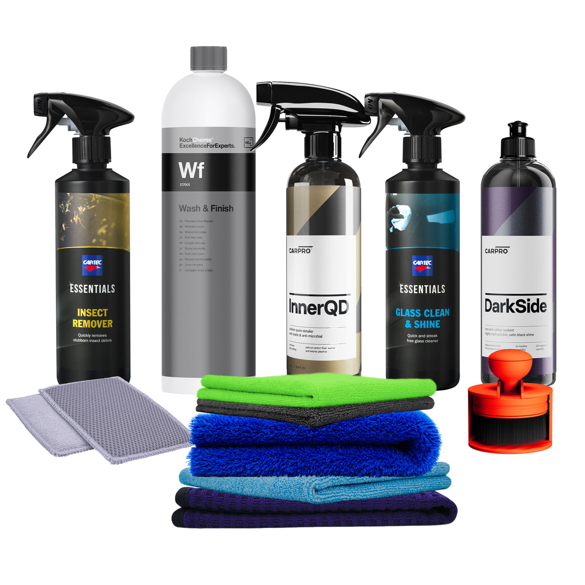 CARPRO Detailing Summer Kit completo con prodotti BugOut, Ech2O, Dilute, InnerQD, DarkSide e panni in microfibra per pulizia waterless auto.