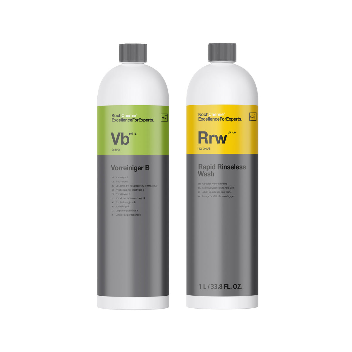 Bottiglie Koch-Chemie Vorreiniger B e Rapid Rinseless Wash 1L per prelavaggio schiumogeno e pulizia auto senz'acqua