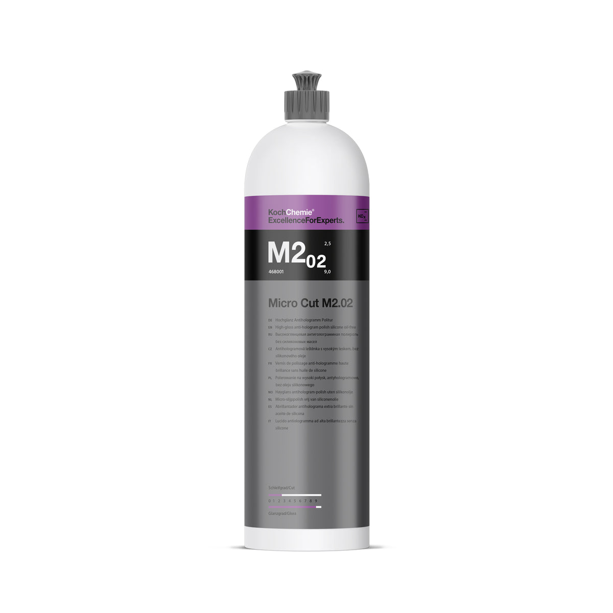 flacone Koch-Chemie Micro Cut M2.02 polish ultra-fine per finitura lucida rimozione ologrammi e micrograffi fino a grana 4000