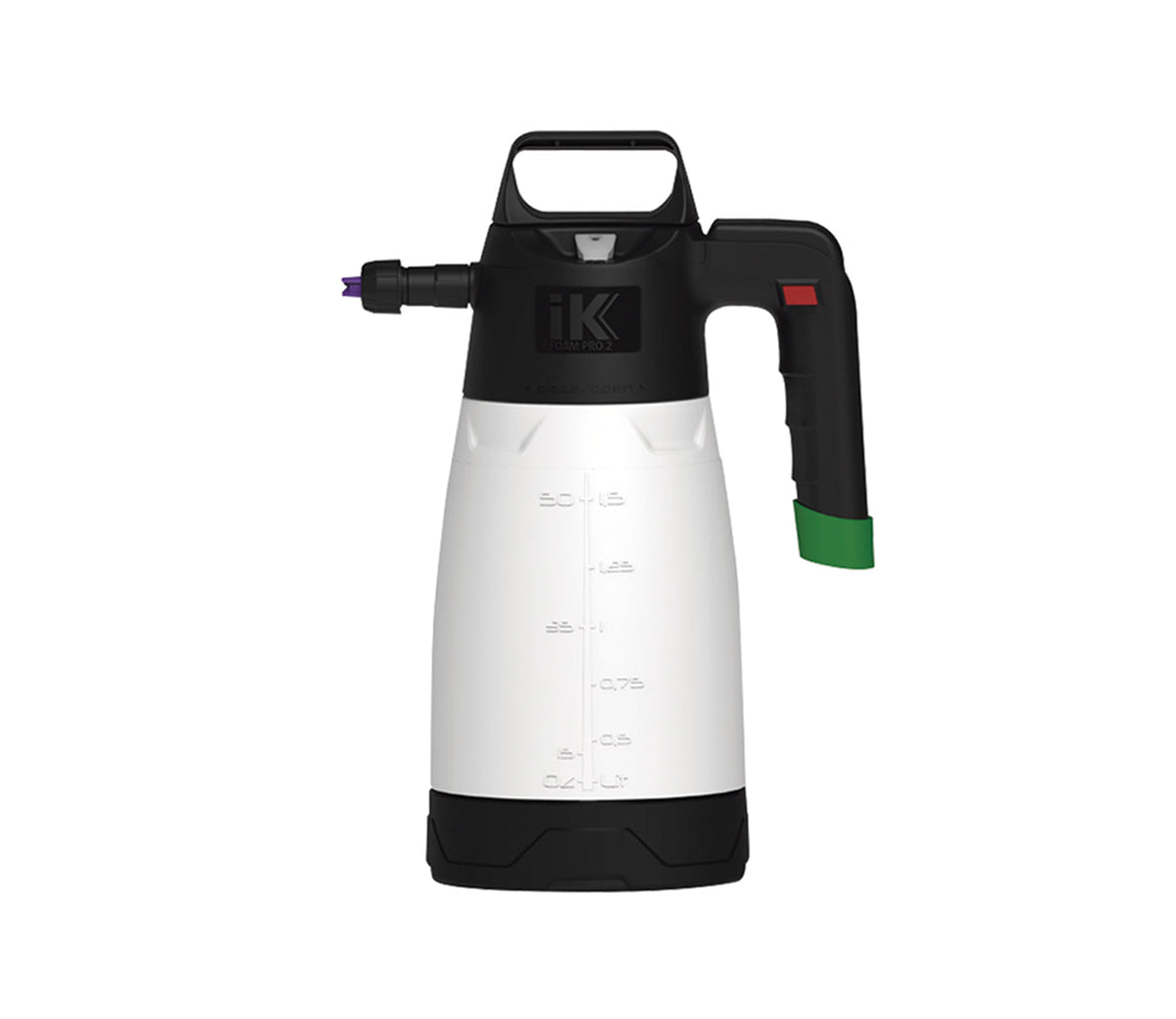 Spruzzatore iK Foam Pro 2 bianco e nero con beccuccio verde, progettato per creare schiuma densa e uniforme, ideale per applicazioni di pulizia auto e detailing, garantendo risultati professionali.
