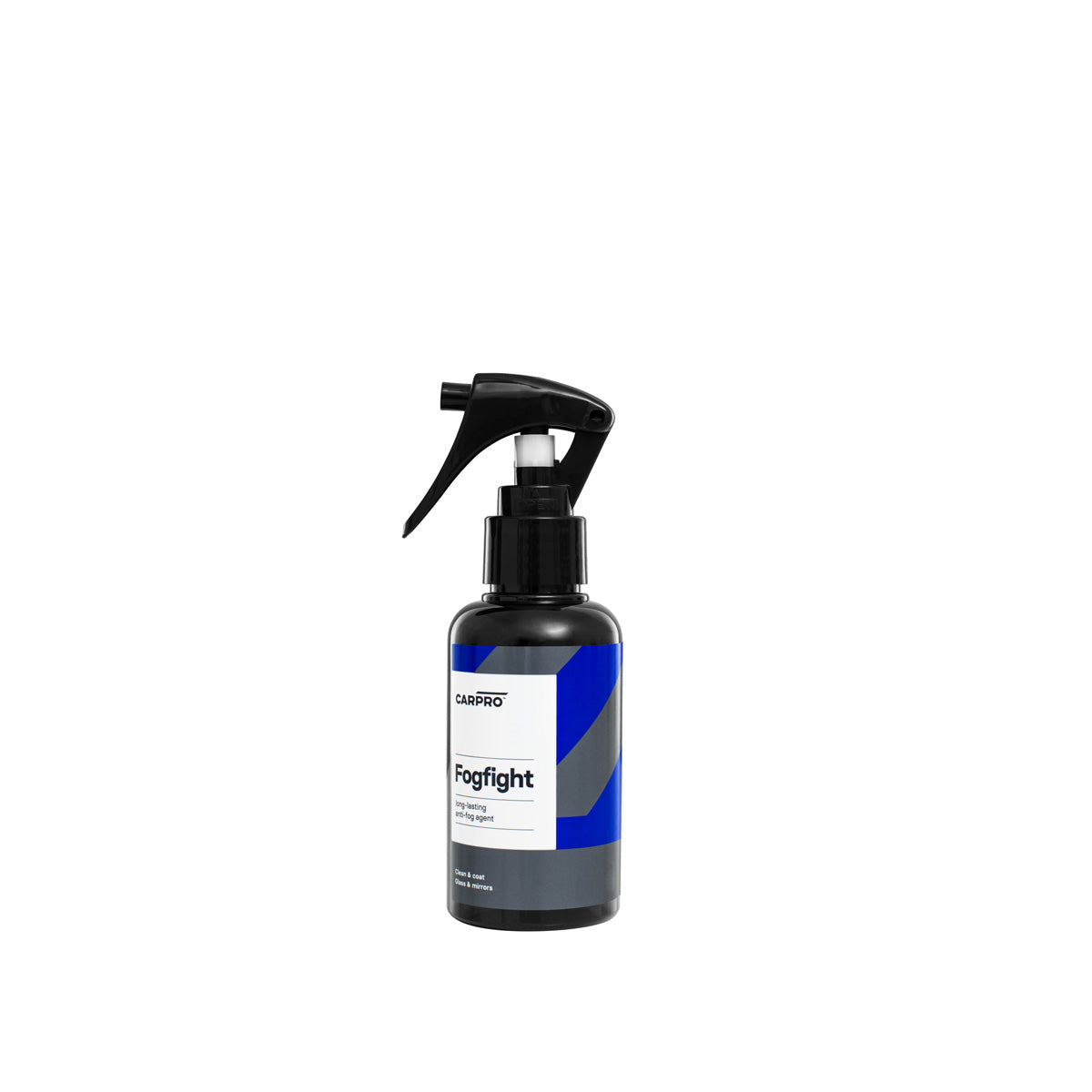 un flacone spray di CARPRO Fog Fight, un trattamento antiappannamento per vetri. Il flacone è nero con un'etichetta blu e grigia, dotato di un erogatore a spruzzo per una facile applicazione.